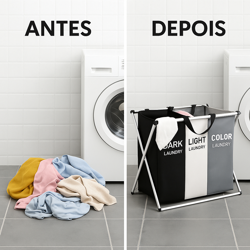 Cesto de Roupa com 3 Divisórias Dobrável – Vira Bolsa para Transporte, Resistente, Leve e Ideal para Lavanderia