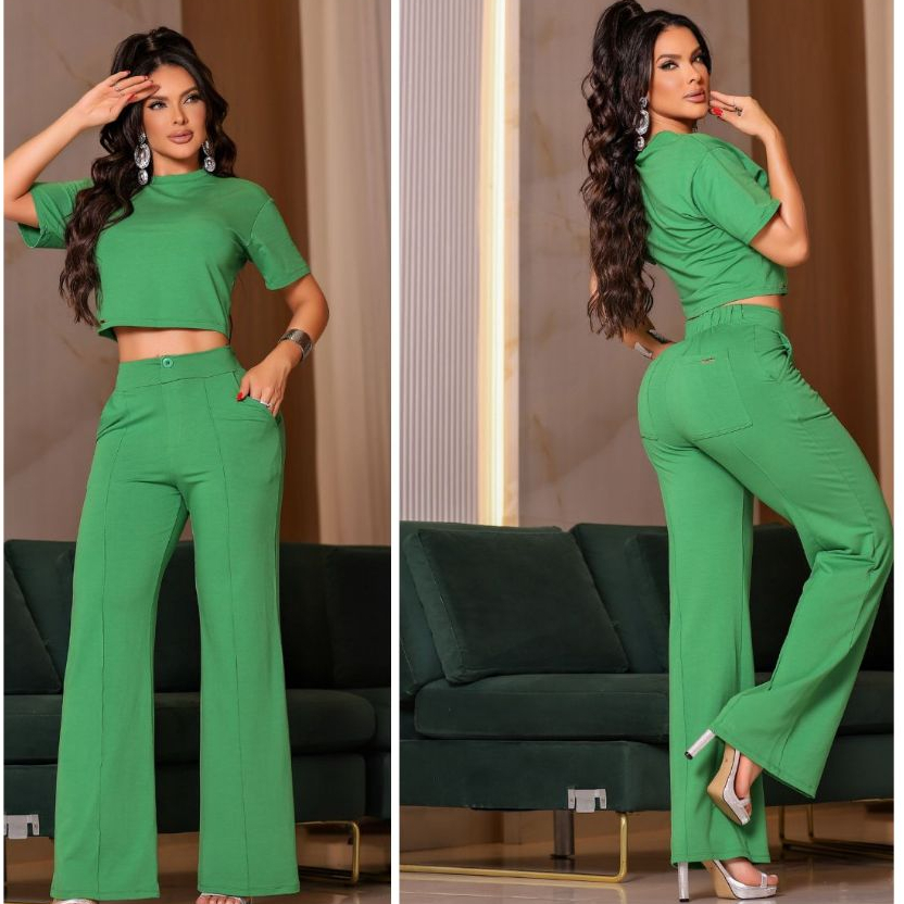 Conjunto Feminino Malha Viscolycra Calça Pantalona Confortável Básico