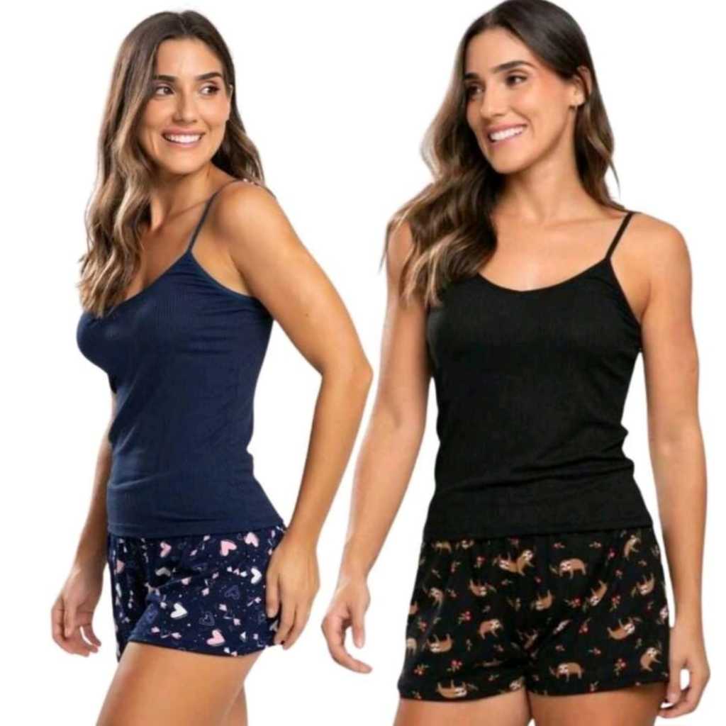 Pijama  Canelado  feminino Kit 2 Conjutos de Pijamas Short Doll