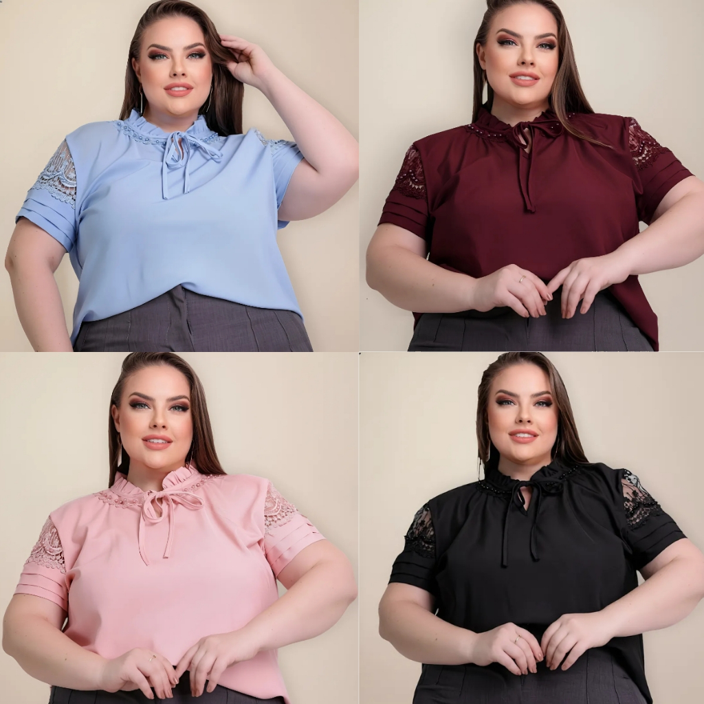 Blusa Feminina Plus Size Evangélica Guipir Gola Pérolas em Oferta na Shopee
