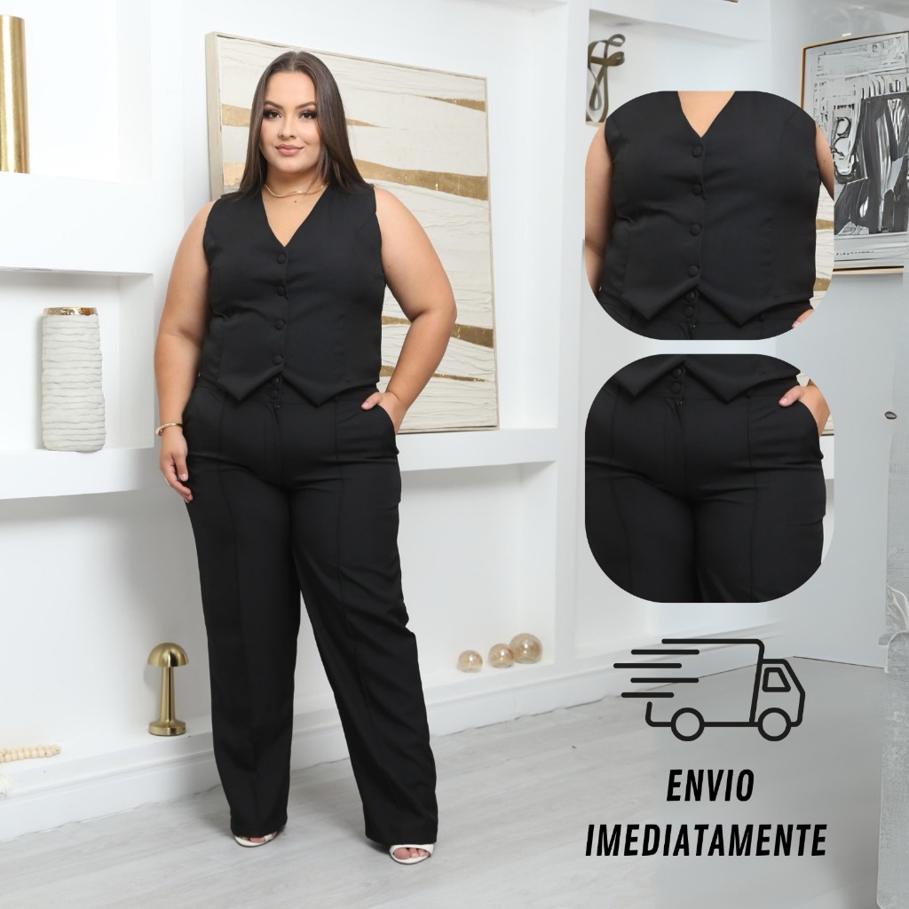Conjunto Plus Size Feminino Alfaiataria Colete e Calça Elegante com Ziper e Elastico na ci...