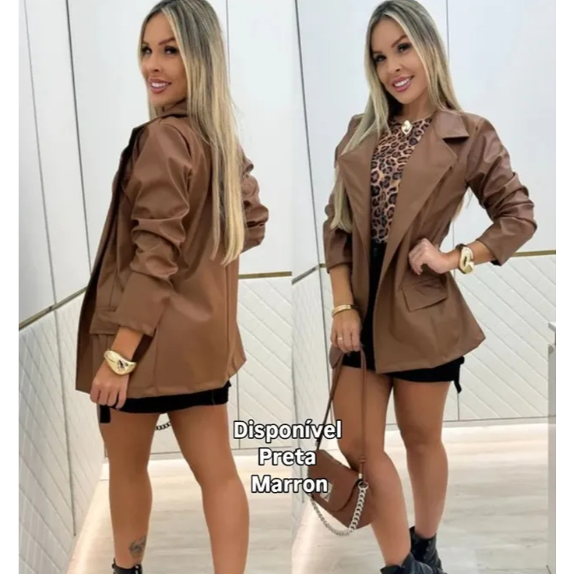 Jaqueta feminina em couro fake blazer moda inverno em Oferta na Shopee