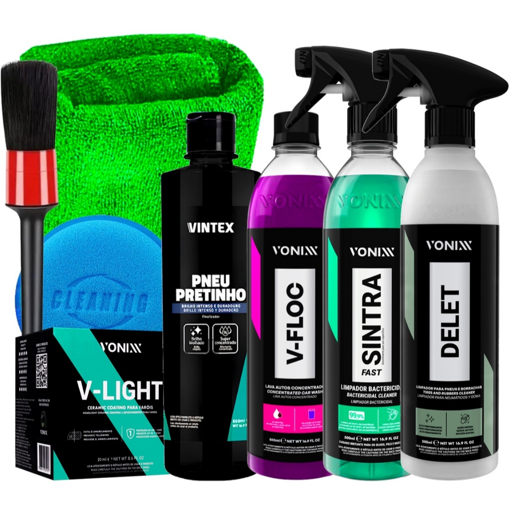 Kit Lavagem e Vitrificação de Farol V-floc 500ml Sintra Fast 500ml Delet 500ml Pneu Pretinho 500ml V-Lithg 20ml 