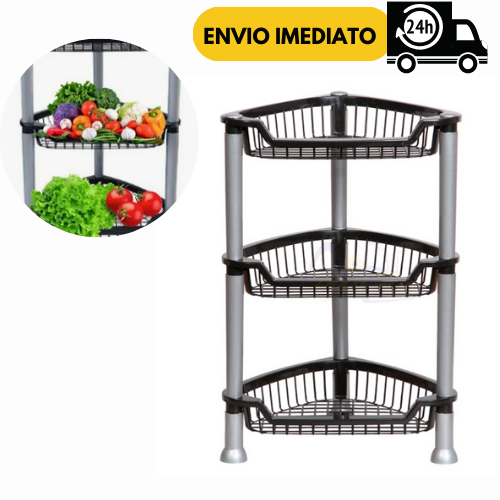 Cesto Organizador Fruteira 3 Andares Preto de Chao para Cozinha