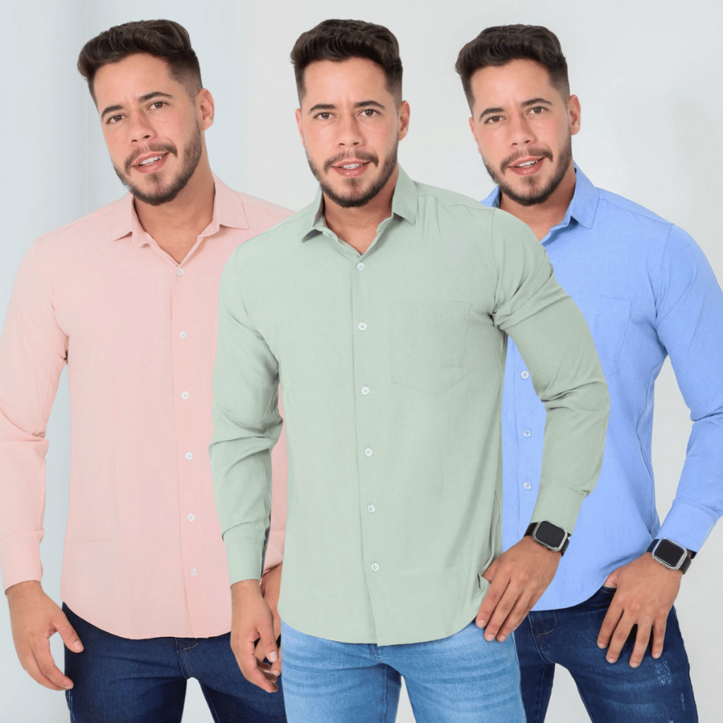 Camisa Social Manga Longa Casual Elegante Confortável Bolso Trabalho Escritório Moda Clássica no