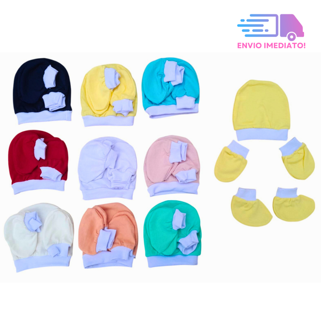 Kit 9 Peças Bebê 3 Toucas 3 Pares de Luva 3 Pares de Sapatinho Bebê RN 100% algodão