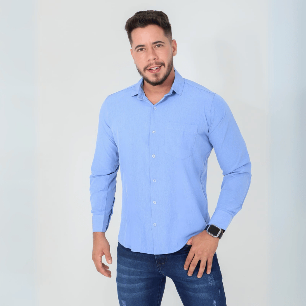 Camisa Social Manga Longa Casual Elegante Confortável Bolso Trabalho Escritório Moda Clássica