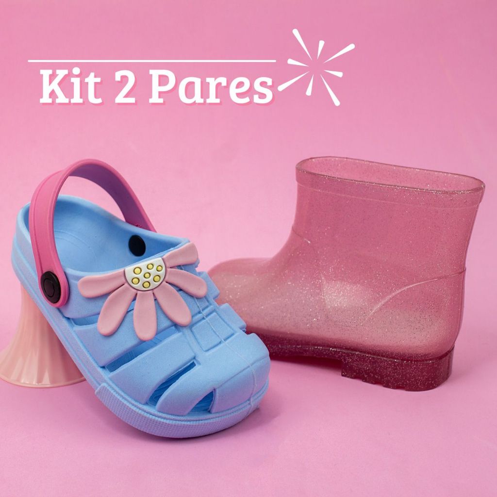 Kit Dois Pares Papete + Galocha Sandália Menina Leve Macia Babuche Infantil Confortável Promoção