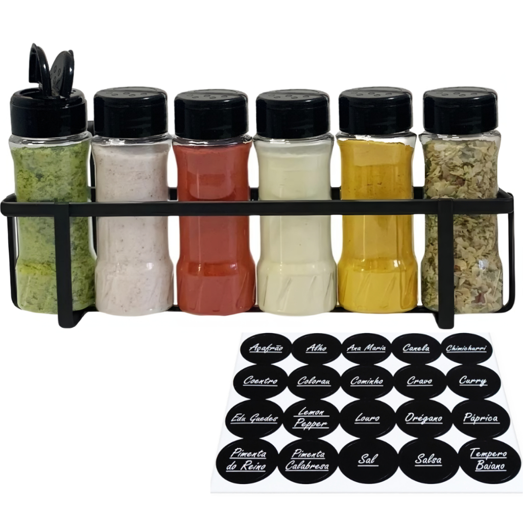 Kit 6 Pote Plástico 130ml P/ Tempero Condimentos Especiarias com Suporte Ferro de Parede em Oferta na Shopee