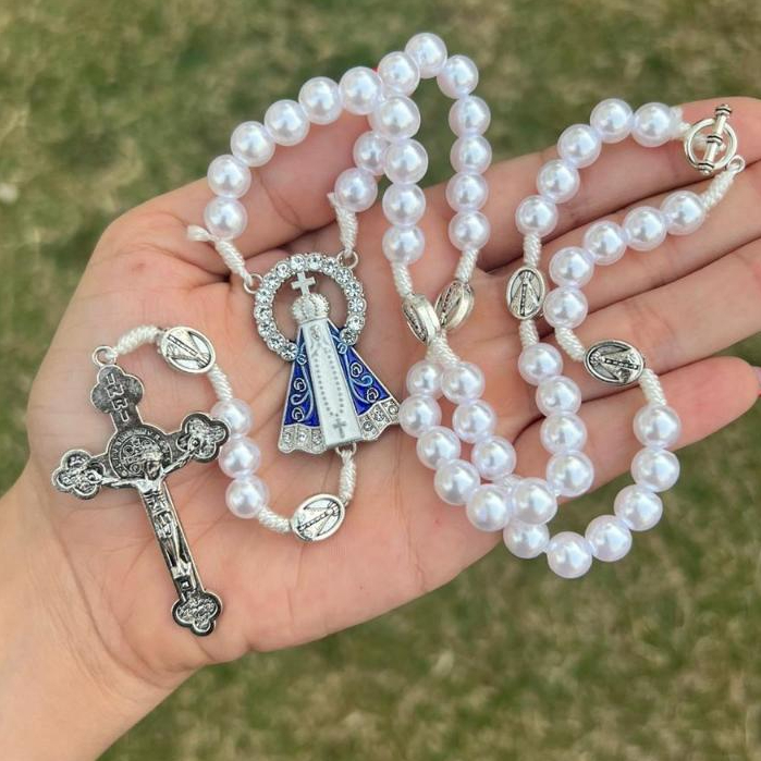Terço Pescoço Nossa Senhora Aparecida Resplendor Perola em Oferta na Shopee