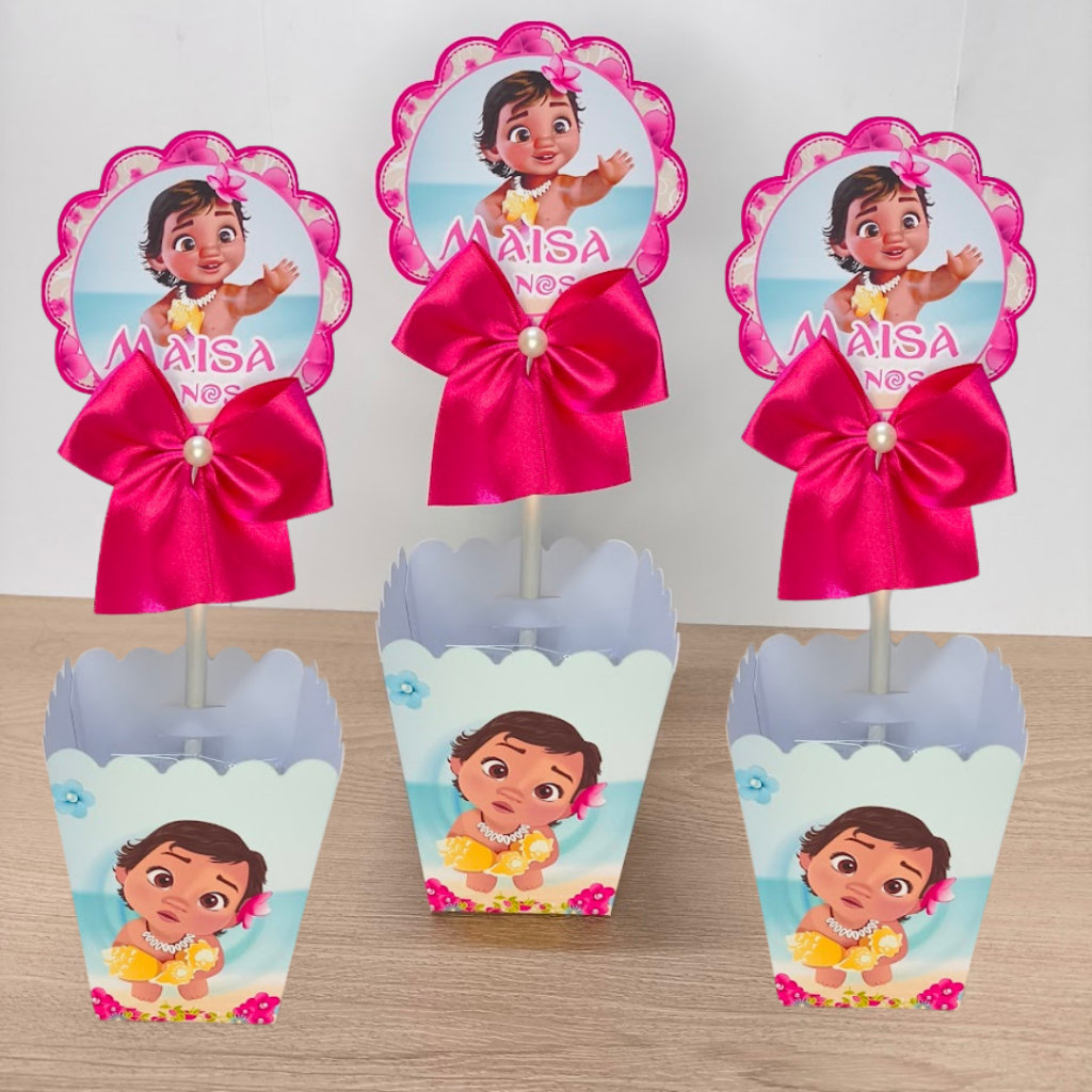 Kit Centro de Mesa Personalizado Pegue e Monte Moana Baby Lembrancinhas de Aniversário Infantil