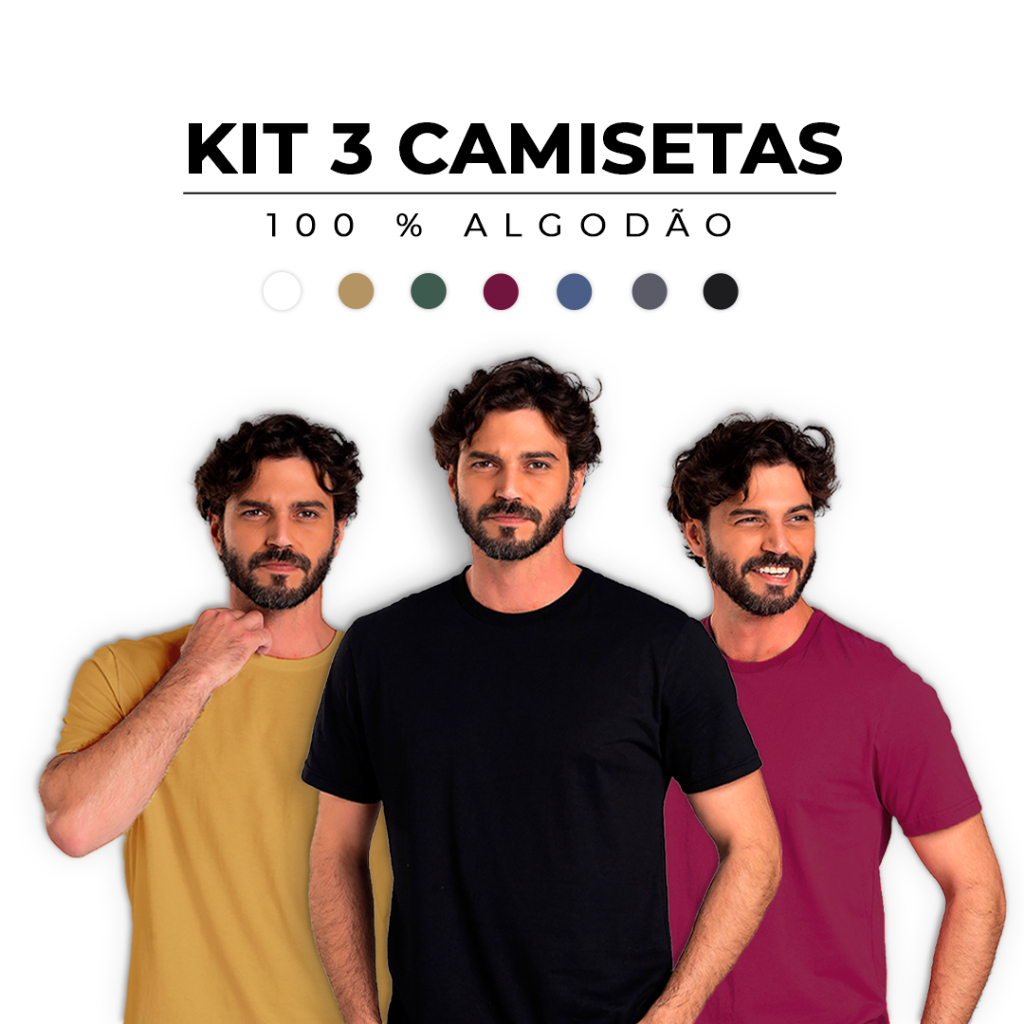 Kit 3 Camisetas Básicas Masculina 100% Algodão Cores Tendência Reforço Ombro a Ombro - Cam...