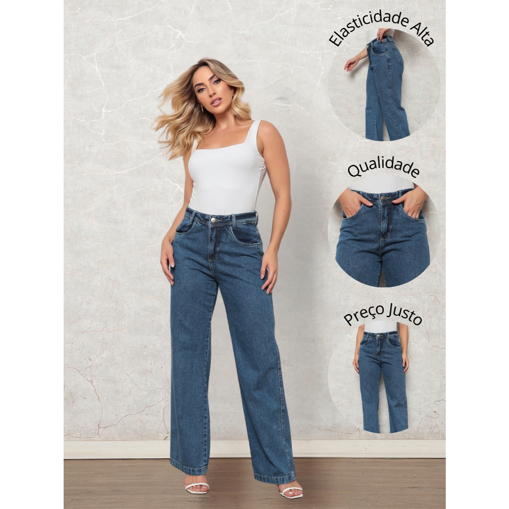 Calça Jeans Wide Leg Marmorizada Cintura Alta 100% Jeans em Oferta na Shopee