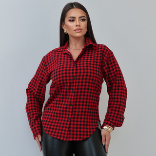 Camisa Camisete Xadrez Feminina Manga Longa Blusa com Botão Quadriculada Estilosa Festa Junina