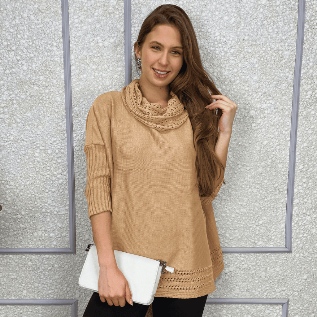 Poncho Feminino Tricot Mousse Liso Gola Alta Casaco Inverno