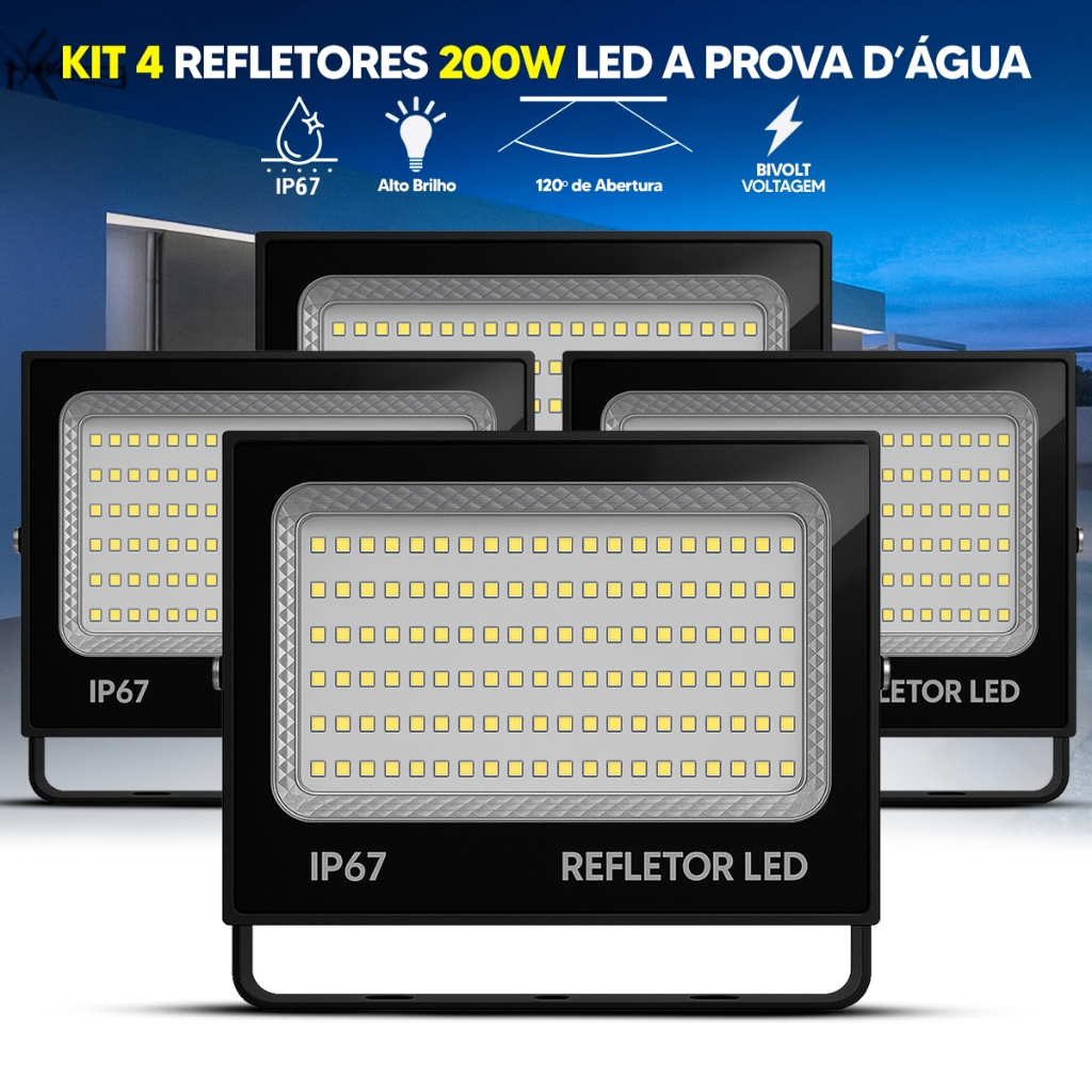 Kit Refletor LED 200W Holofote Max Alumínio Bivolt IP67 Branco Frio 6500K Alta Potência Prova D'Água
