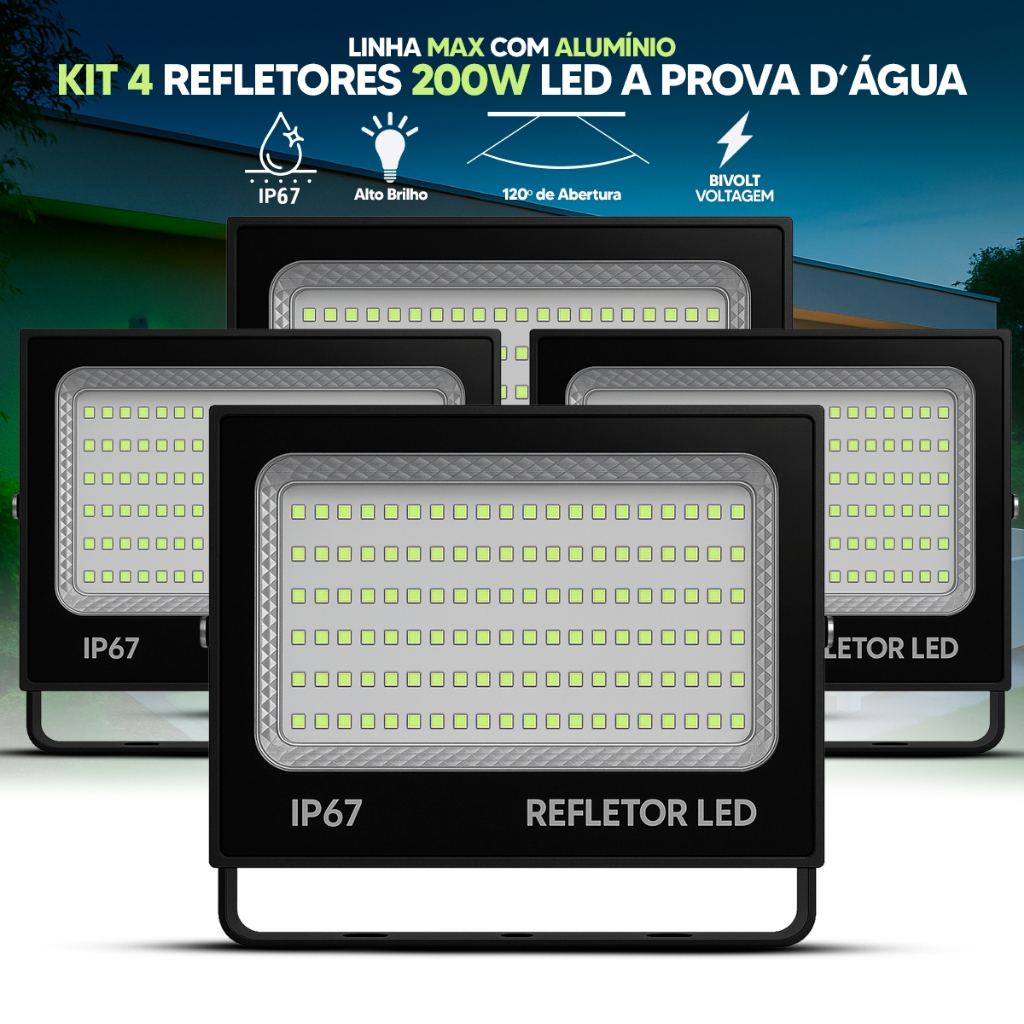 Kit Refletor LED 200W Holofote Max Alumínio Bivolt IP67 Cor da Luz Verde Alta Potência Prova D'Água