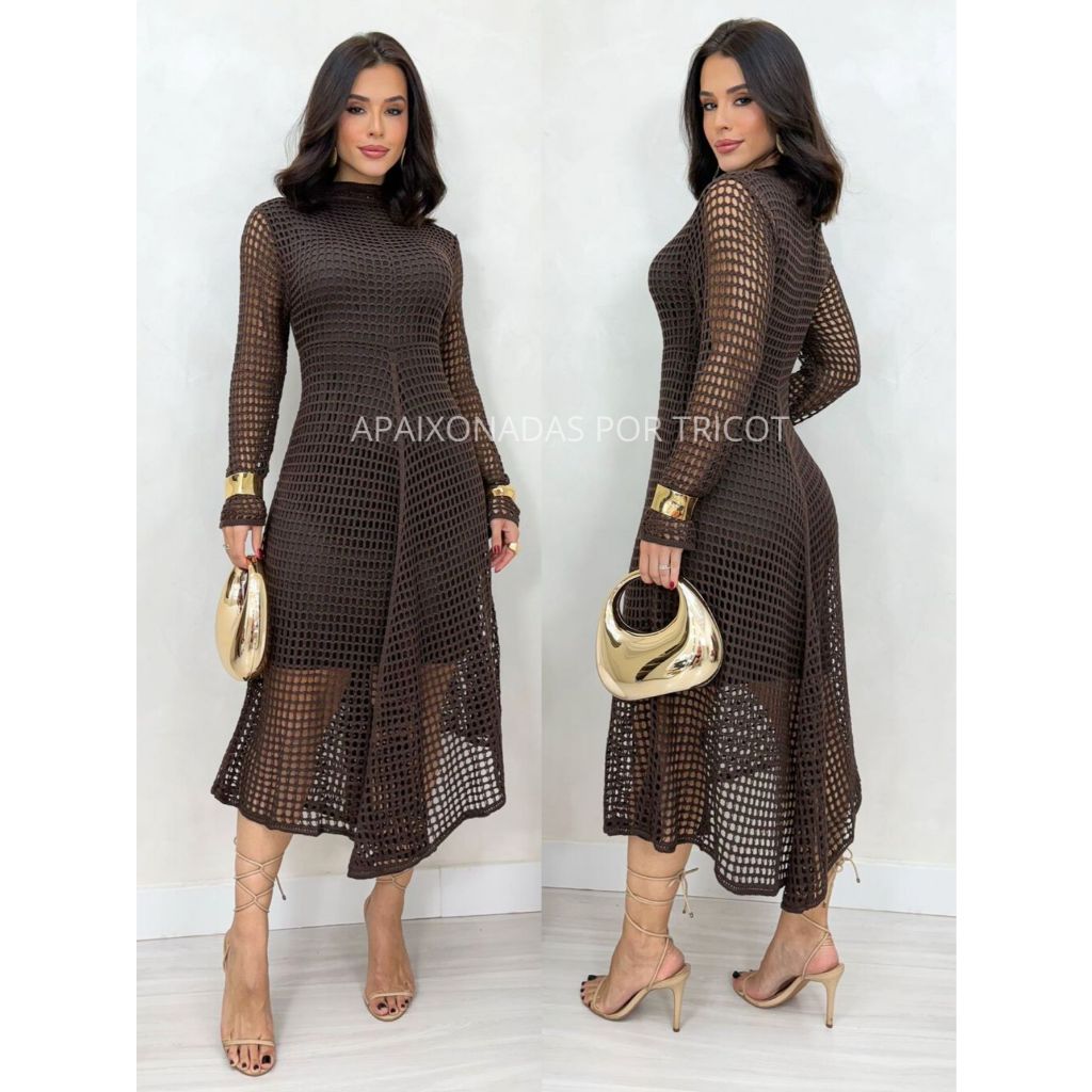 Vestido Manga Longa Rendado de Tricot Vestido Feminino Tricô Festas Inverno Frio