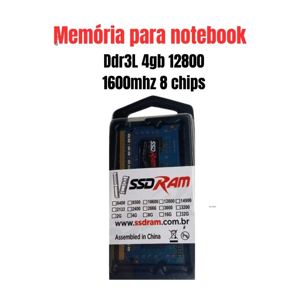 MEMÓRIA DDR3L PARA NOTEBOOK 1600MHZ /12800 1.35V 8 CHIPS NOVA LACRADA