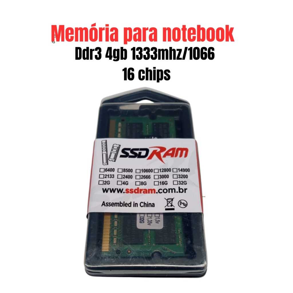 MEMÓRIA  PARA NOTEBOOK DDR3 1333MHZ/1066 COM 16 CHIPS NOVA LACRADA