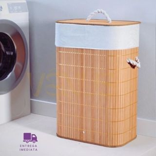 Cesto de Bambu com Tampa e Forro Dobrável e Resistente em Oferta na Shopee