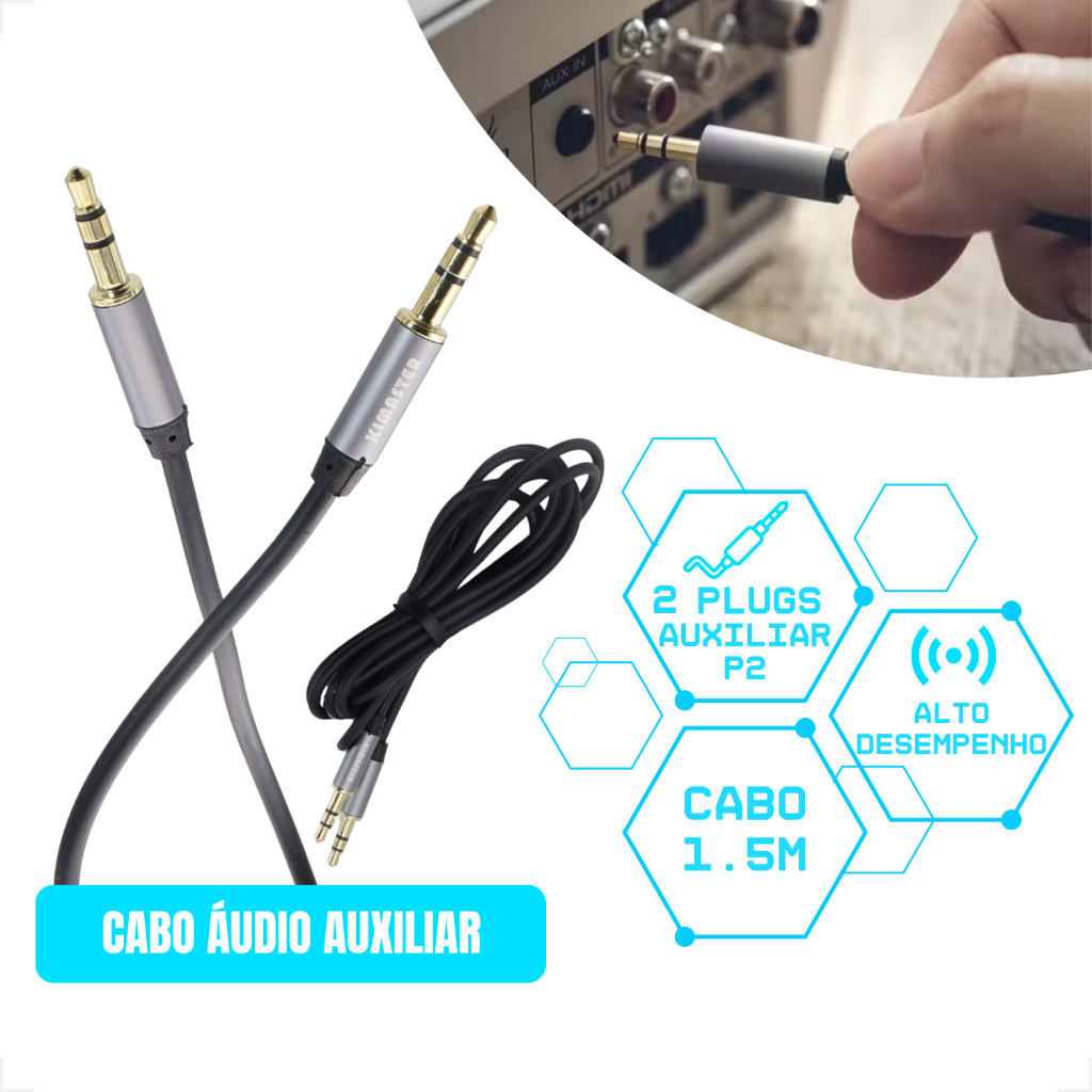 Cabo Auxiliar para Som P2 x P2 1.5 metros Universal Macho Áudio Estéreo Mesa Fone Celular KIMASTER