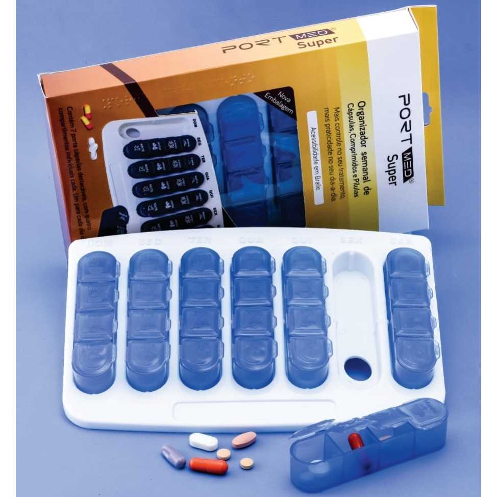 Porta Remédio Comprimido PortMed SUPER Diário Semanal Suplementos Vitaminas 28 Compartimentos Braile