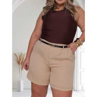 Short  Feminino  Alfaiataria Tendência   Cintura Alta Plus Size  Com Cinto