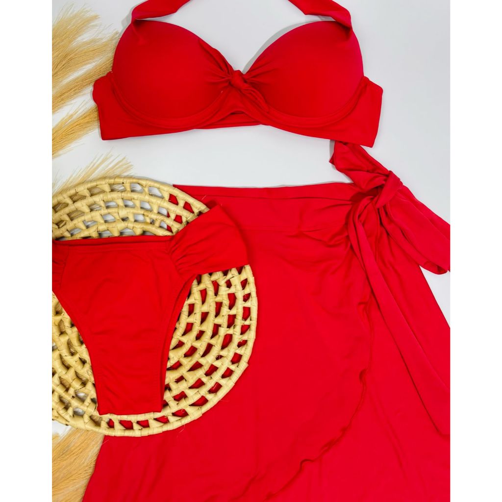 kit trikini com top bojo, calcinha bombom borboleta, e saia envelope pareo curta, natação, saida de praia