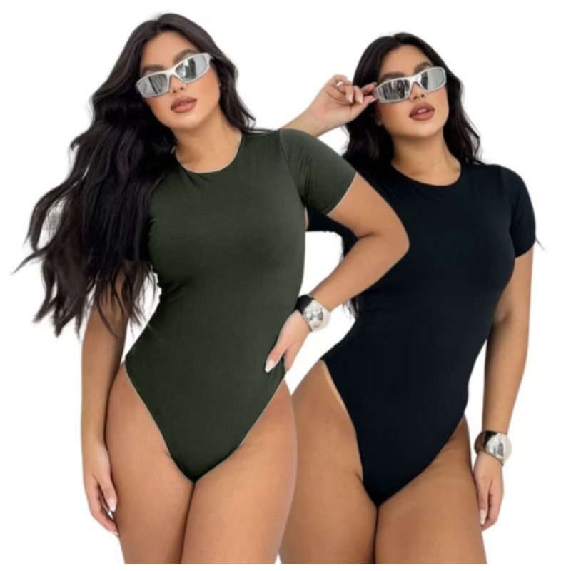 Body Feminino SUPLEX Estilo Versátil Com Forro Manga Curta Liso Básico Roupa Feminino
