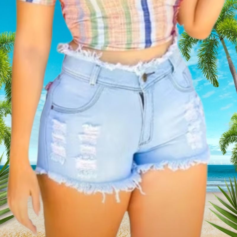 Short Jeans Feminino Cintura Alta Desfiada Shorts Jeans Claro Destroyed