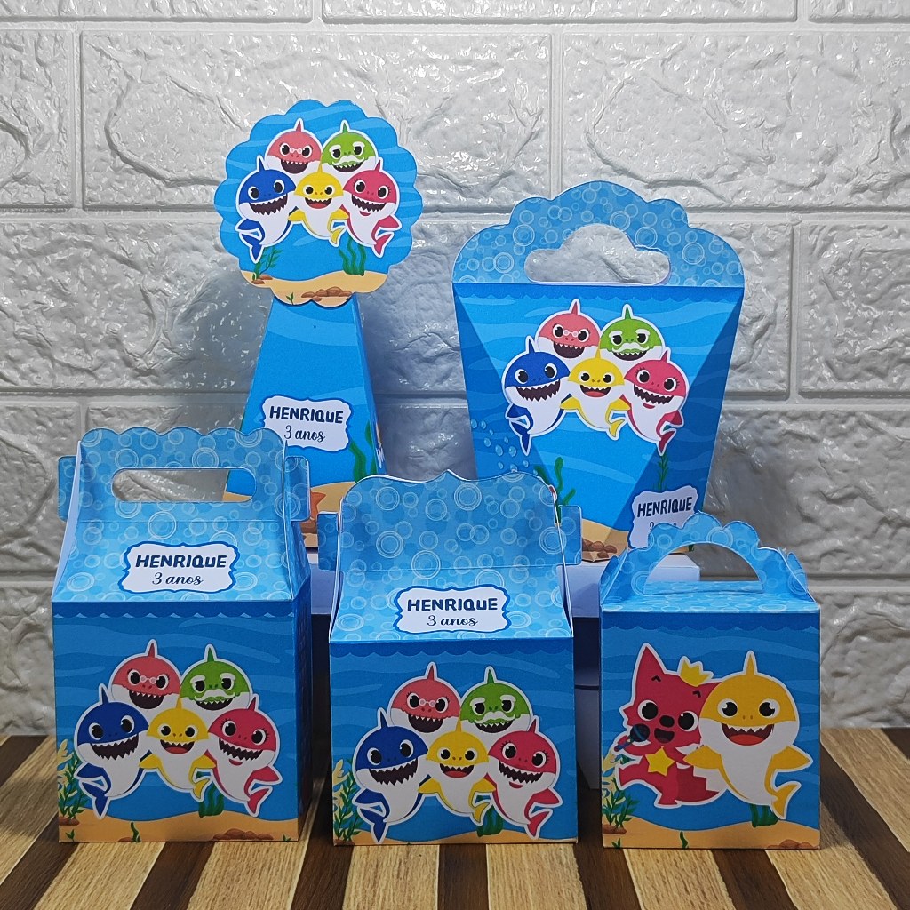 Kit Caixinhas Papelaria Personalizada Baby Shark Lembrancinha Surpresa festa infantil  Enviado Desmontado