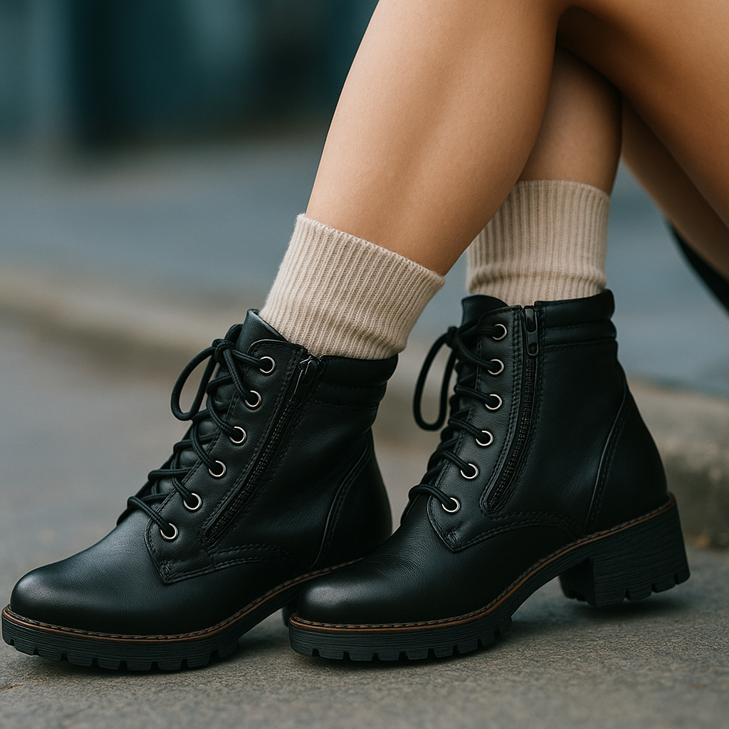Bota Coturno Feminina Cano Médio Preto Estilo Casual Confortável com Zíper e Cadarço