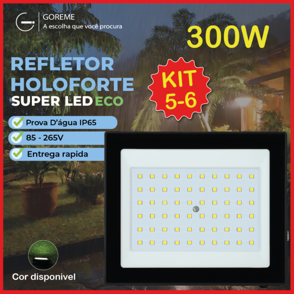 Kit 6 Holofote Refletor Led ECO Pro 300W Luz Fria IP65 | Luz Econômica | Para Ja