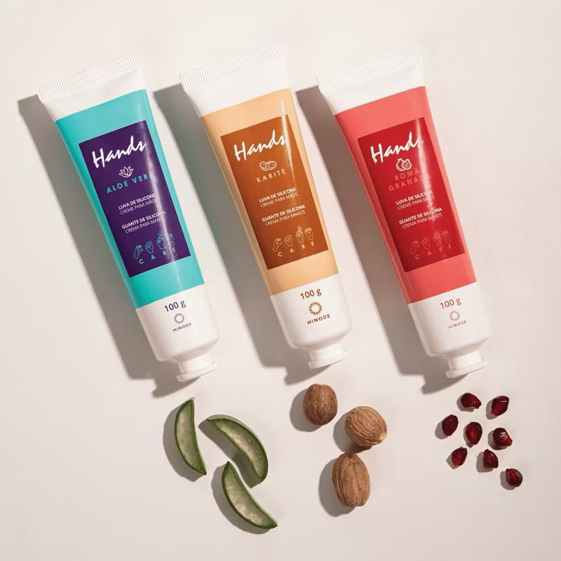 Kit Luva de Silicone Aloe Vera + Karité + Romã Creme Para As Mãos Hands 100g