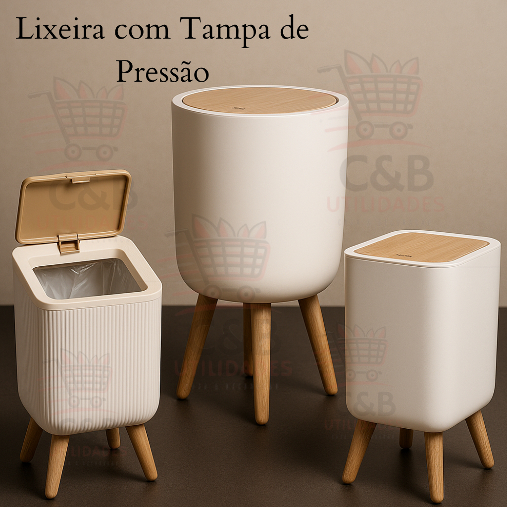 Lixeira Com Tampa De Pressão Moderna Pés De Madeira Multiuso 7L