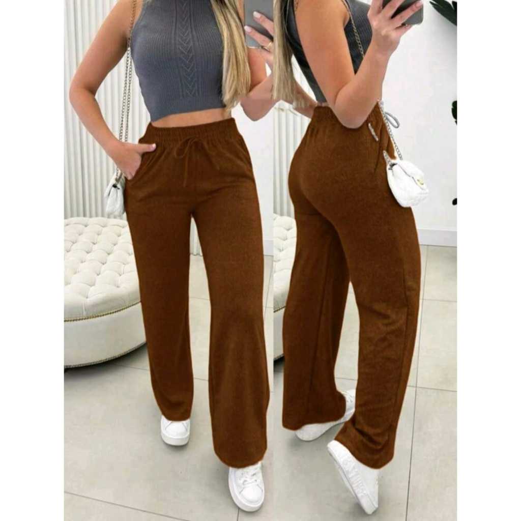 Calça Pantalona Feminina Cintura Alta Com Bolso Tecido Lanzinha