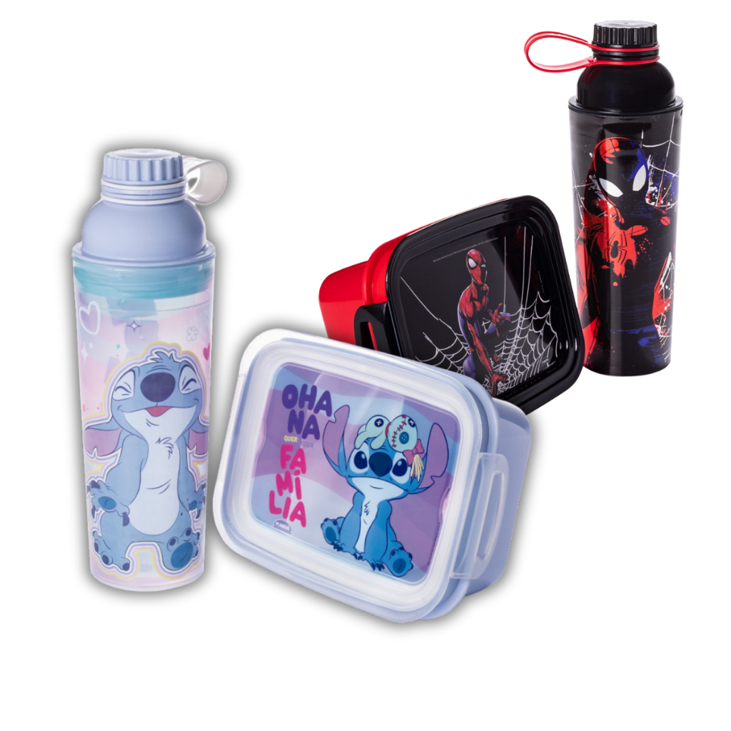 Kit garrafa antivazamento e pote lancheira bento box marmita stitch homem aranha escolar presente
