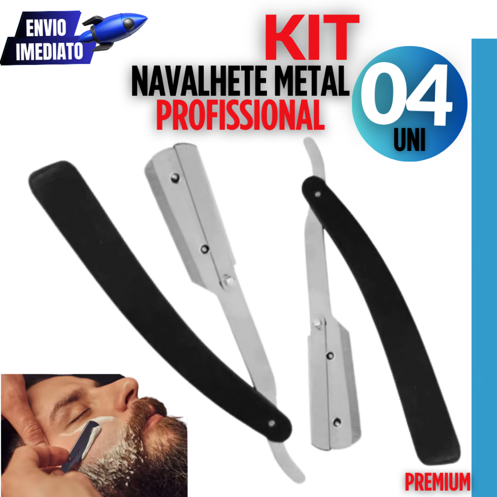 Kit 04 Unidades Navalha Navalhete Profissional Barbeiro Metal Acabamento Barba Cabelo Linha Premium