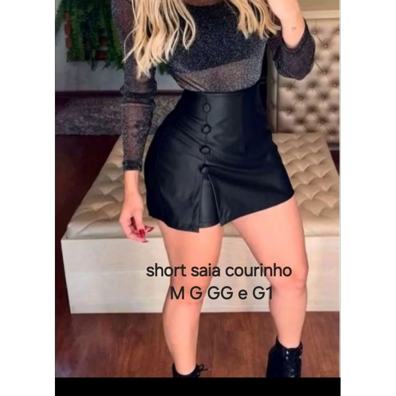 Short Saia Feminino De Couro Com Botões Forrados e Fenda na Frente com Ziper Lateral