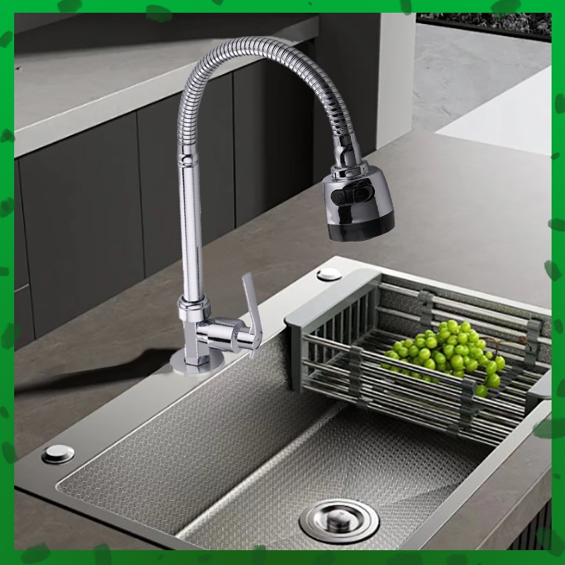 Inox Prata Torneira Torneira de Cozinha Flexível 360° Torneira da Cozinha 2 Modos de Pulverização