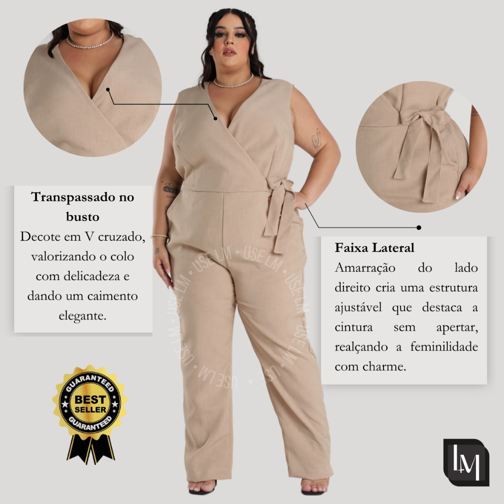 Macacão Linho Feminino Plus Size Corte Transpassado Decote V Elegante Para Festa