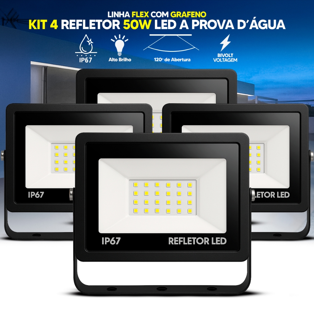 Kit Refletor LED 50W Holofote Flex Bivolt IP67 Luz Cor Branco Frio 6500K Alta Potência Prova D'Água
