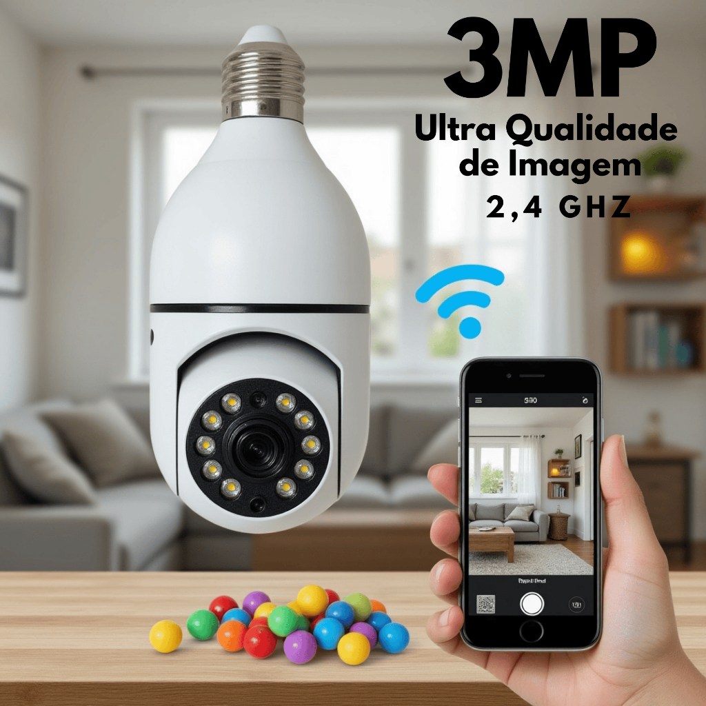 Câmera de Segurança WiFi 3MP IP À Prova d'Água Visão Noturna 360º FHD Uso Interno e Externo 2,4 ghz