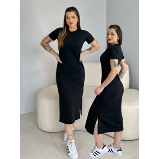 Vestido Feminino Midi Com Fenda Lateral Manga Curta Soltinho Confortável Casual Algodão em Oferta na Shopee