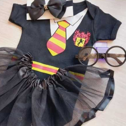 Body Bebê Look  Fantasia Harry Potter HP – Mesversário Temático  Menina Infantil body + saia + laço + óculos