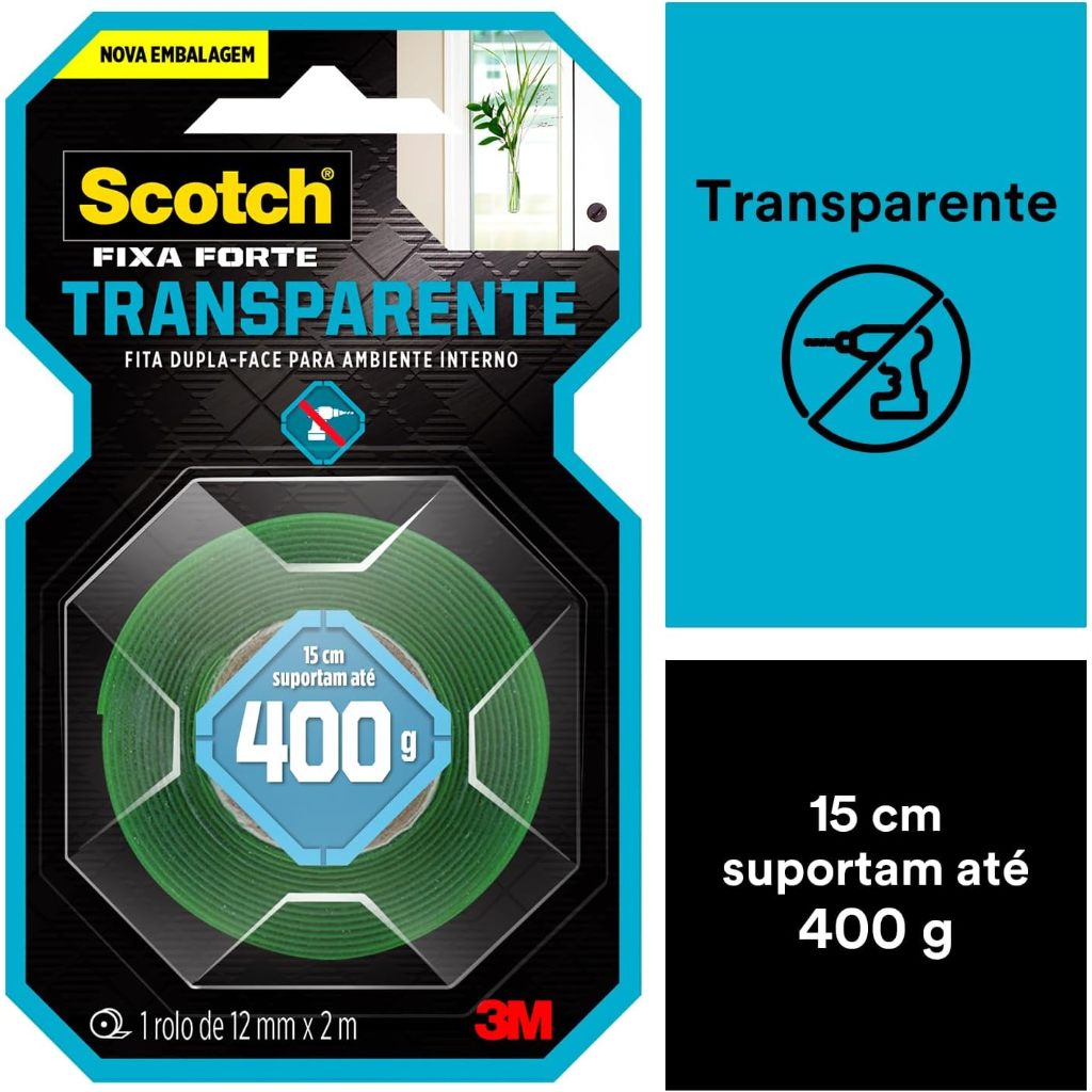 Fita Dupla Face 3M Scotch Fixa Forte Transparente - 12 mm x 2 m 400g