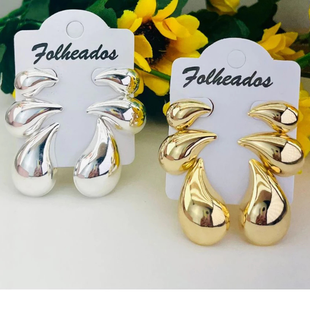 Brinco 3 pares Em Forma de água Feminino Gota Banhado em |Ouro Brinco da Moda em Oferta na Shopee