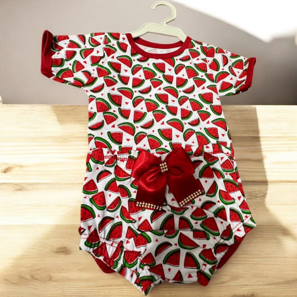 Kit Roupa Bebê Menina Melancia com Laço – Tamanho Único (3 a 9 Meses) 🍉💕 em Oferta na Shopee