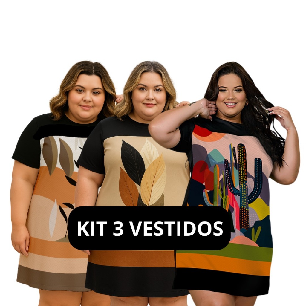 KIT 3 Vestidos Camisão Soltinho Tamanhos Grandes Plus Size Estampa Exclusiva Sedinha Leve Confortavel Macio